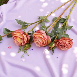May include: Three artificial rose stems with peach and yellow flowers and green leaves on a light purple fabric background.