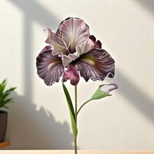May include: A single artificial purple and white iris flower with a green stem and bud.
