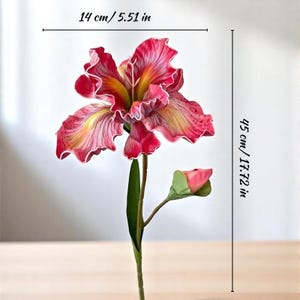 May include: A single artificial pink and yellow iris flower with a green stem and a bud. The flower is 5.51 inches wide and 17.72 inches tall.