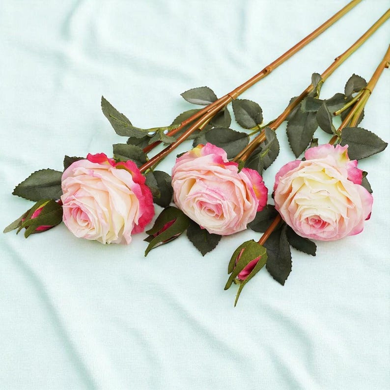 May include: Three artificial pink roses with white centers on green stems. The roses are arranged on a light blue fabric background.