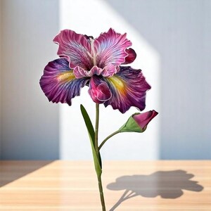 May include: A single artificial purple and yellow iris flower with a bud on a green stem. The flower is in focus and the background is blurred.
