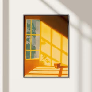 Puede incluir: Una impresión artística enmarcada que representa una escena interior soleada. La obra presenta una habitación de tonos amarillos con una ventana, proyectando sombras. Una pequeña planta en maceta se encuentra sobre una superficie. La estética general es cálida.