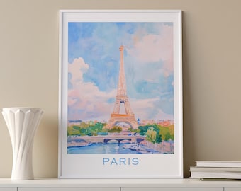 Impresión en acuarela de la Torre Eiffel: Arte de viaje del paisaje urbano de París (Descarga digital)