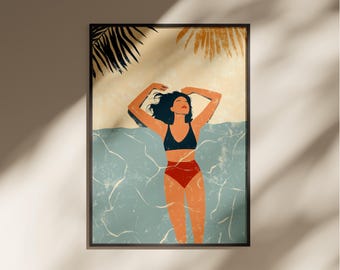 Minimalist Poolside Wall Art - Woman Floating in Water - Abstract Summer Print - Digital Download