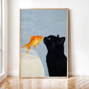 Funny Black Cat Print Animal Wall Art Cat Lover Gift for Living Room Decor Surreal Modern Cat Print Cute Animal Illustration