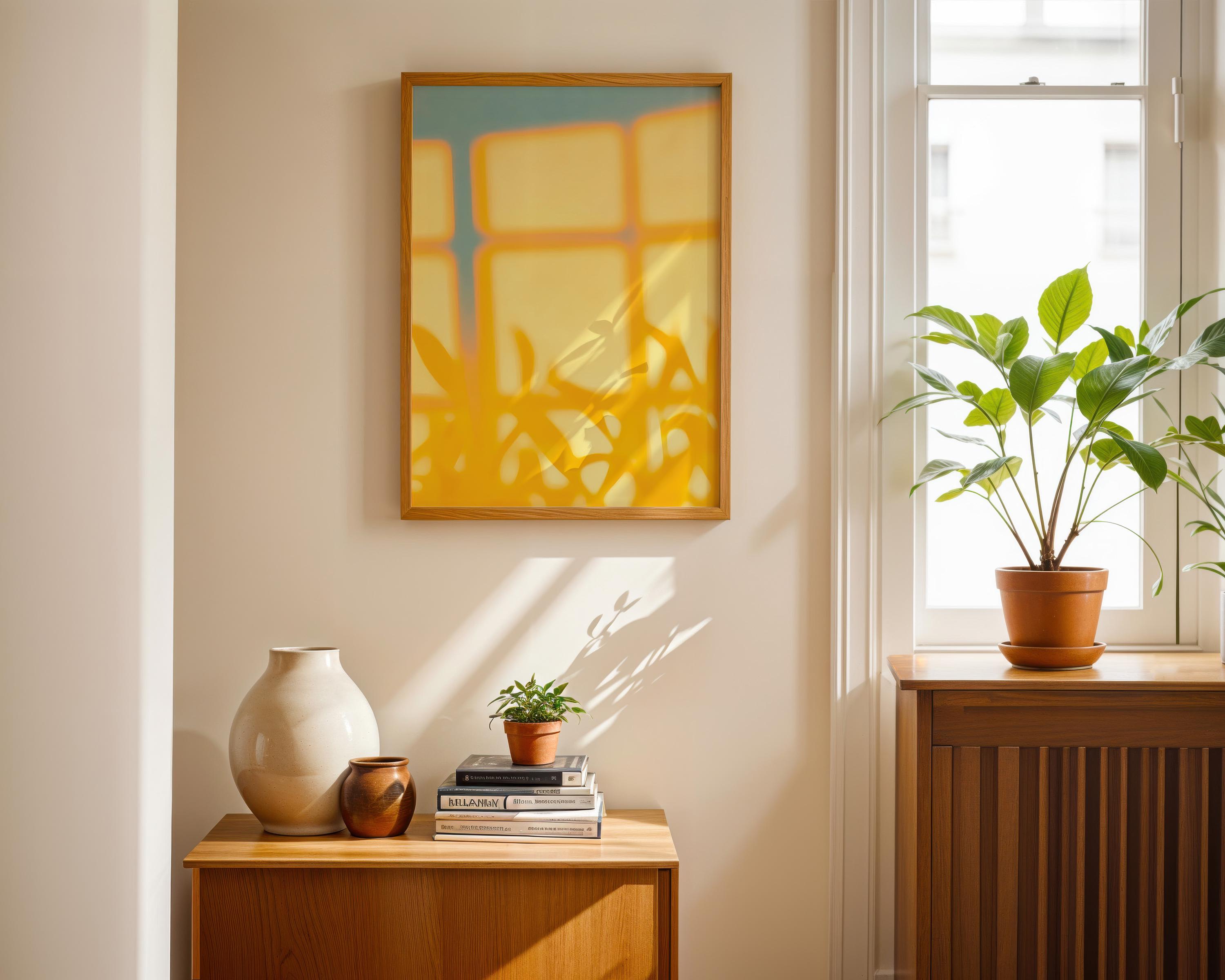 Golden Sunlight Plant Shadow Print: Abstract Window Art (digital ...