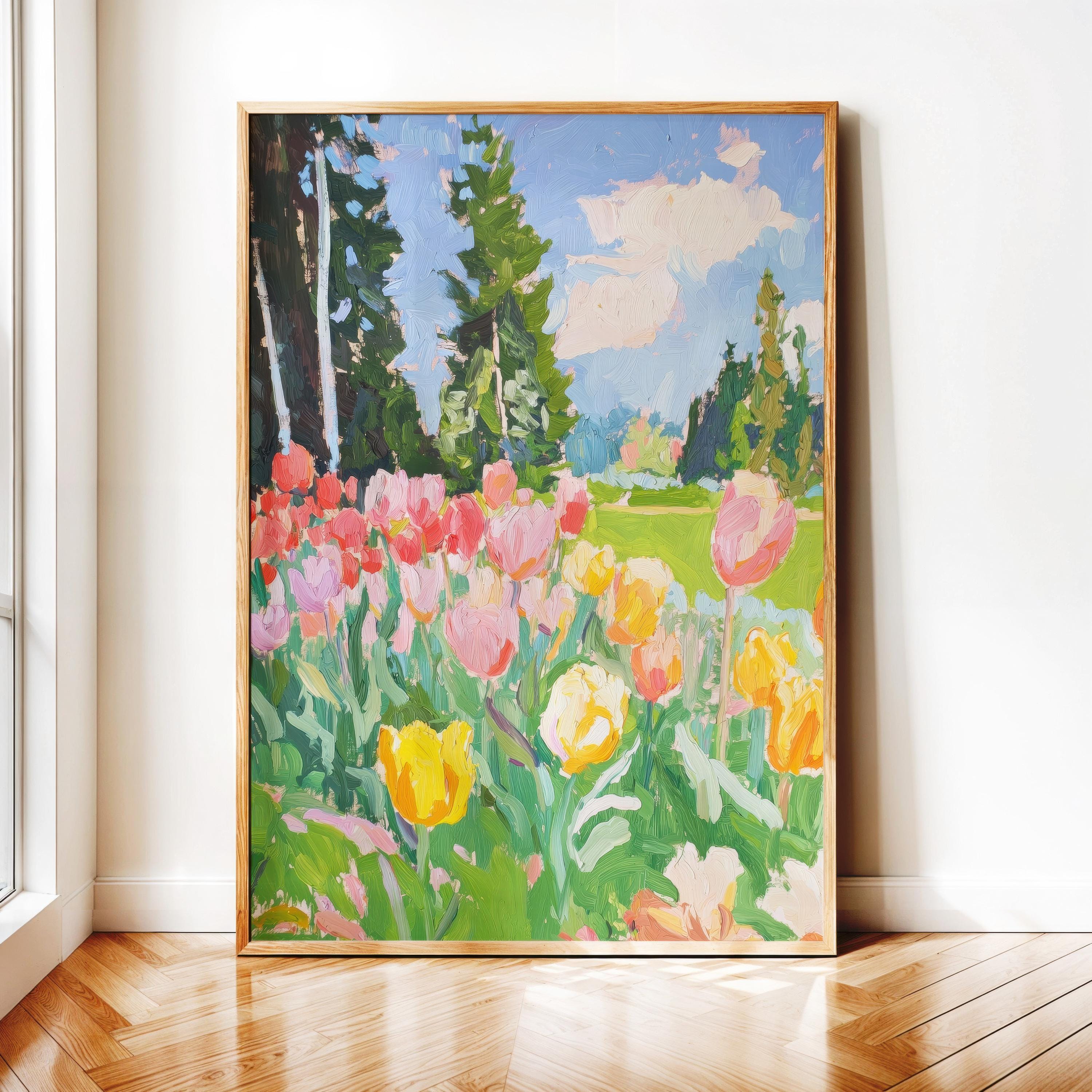 カラフルなチューリップの印象派絵画：春の花のガーデンアート