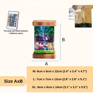 May include: A wooden-framed lamp featuring Sonic the Hedgehog characters. The lamp is available in three sizes: M (2.4" x 2.4" x 4.7"), L (2.8" x 2.8" x 5.1"), and XL (3.1" x 3.1" x 5.5"). It can switch between 7 colors.