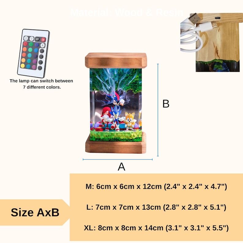 May include: A wooden-framed lamp featuring Sonic the Hedgehog characters. The lamp is available in three sizes: M (2.4" x 2.4" x 4.7"), L (2.8" x 2.8" x 5.1"), and XL (3.1" x 3.1" x 5.5"). It can switch between 7 colors.