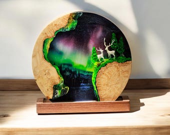 Handcrafted Forest Deer Resin Lamp: Aurora LED Light Diorama
