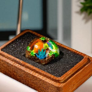 May include: A colorful, handcrafted resin art piece featuring an underwater scene with an orange object, blue and green plants, and a brown base. The art piece is displayed in a wooden box with a black, textured interior.