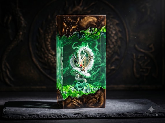 A handmade resin lamp sculpted into a glowing white dragon spirit — the kind of moody, anime-aesthetic night light that looks like it belongs in a Studio Ghibli scene.