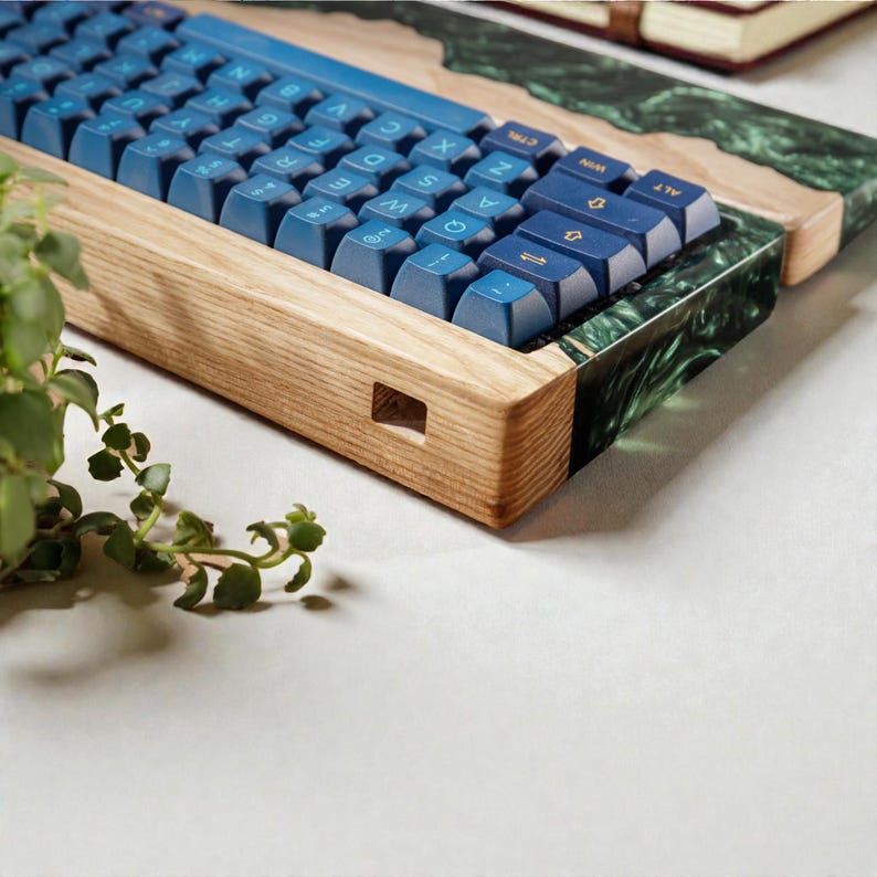 Handcrafted Ash Wood Keyboard Case With Green Resin Wrist Rest, Custom ...