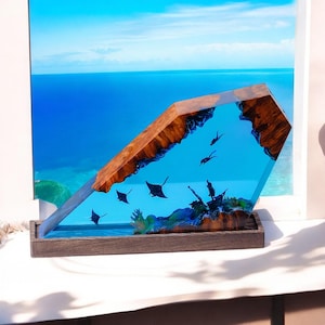 Handmade Ocean Resin Lamp: Shark, Manta Ray, Sunken Ship Diorama