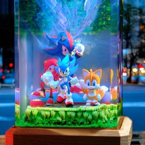 May include: A clear, rectangular display case featuring Sonic the Hedgehog and friends. The figures include Sonic, Knuckles, Tails, and Shadow, set on a green base. The case is mounted on a wooden base, with a city street visible in the background.