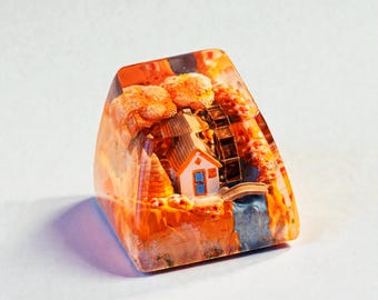Mini Village Scene, Miniature House Resin Keycap, Fantasy Diorama Keycap, Handmade Desk Gift