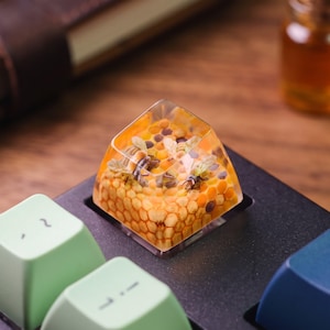 May include: A clear resin mechanical keyboard keycap featuring an embedded honeycomb pattern with small, detailed bees inside. The keycap is positioned on a black keyboard base next to light green and dark blue keys, showcasing a translucent finish.