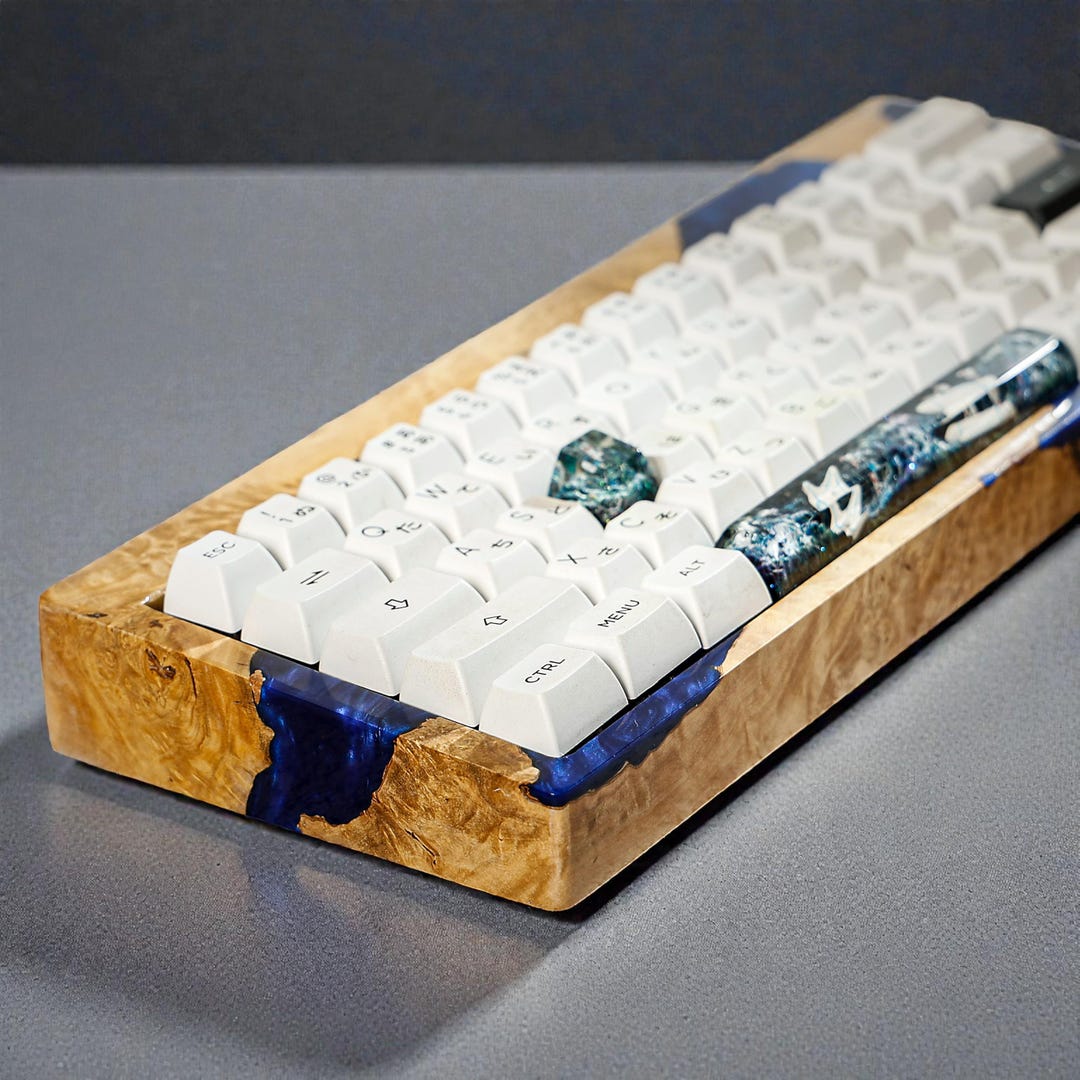 Burl Wood Keyboard Case, Ocean Blue Resin River Design, Handmade Desk ...