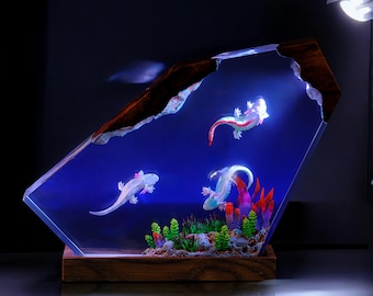 Handgefertigte Axolotl Resin Lampe: Kawaii Achteck Nachtlicht