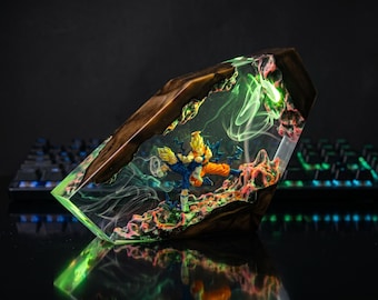 Lampe de guerrier anime en résine, veilleuse époxy faite main, lampe diorama de bataille d'énergie, décoration de bureau de joueur, cadeau LED personnalisé