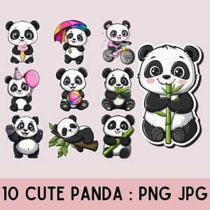 Pegatinas de panda adorables: Panda de dibujos animados kawaii PNG, imágenes prediseñadas de animales lindos, juego de pegatinas imprimibles, gráficos divertidos de panda