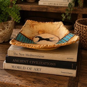 May include: A square, beige ceramic bowl with a horse illustration and turquoise accents, resting on a stack of books. The bowl has a textured rim and a black horse silhouette in the center. The books are titled "The New Mediterranean", "Ancient Civilizations", and "World of Art".