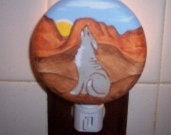 Southwestern Decor with a wolf Howling at the moon night light, hand painted southwestern scenery and a grey wolf