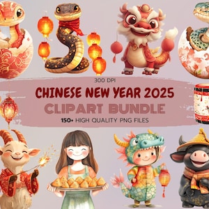 Clipart nouvel an chinois 2025, nouvel an lunaire PNG Bundle, clipart année serpent, téléchargement numérique, Illustrations de la fête chinoise