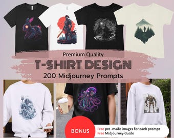 200 designs de camisetas, prompt de Midjourney, arte de IA de Midjourney, geração de IA, pacote de arte de IA de Midjourney