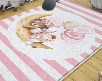 Pink Moon Bear Nursery Rug with Pillow Case, Cute Girl Baby Room Decor, Soft Kids Room Gift, Cozy Sleep Bear Mat for Baby Shower