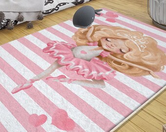 Pink Blonde Ballerina Girl Rug for Nursery, Cute Kids Room Decor with Pillowcase, Baby Girl Gift, Soft Play Mat for Toddler Room