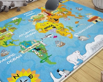 Earth World Map Animal Nursery Rug with Pillow Case, Educational Kids Room Decor & Gift for Baby Toddlers, gifts for kids, nursery decor