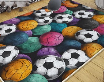 Football Balls Kids Play Room Rug with Pillow Case, Colorful Sport Decor & Cute Play Mat for Children’s Room Gift