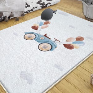 Retro Blue Car Balloons Kids Rug with Pillow Case, Nursery Room Decor & Gift for Girls, Soft Car Shape Play Mat for Kids Room