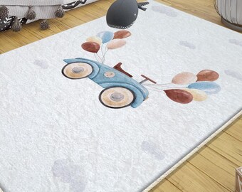 Retro Blue Car Balloons Kids Rug with Pillow Case, Nursery Room Decor & Gift for Girls, Soft Car Shape Play Mat for Kids Room