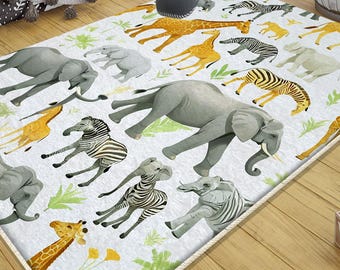 Safari Animal Nursery Rug with Giraffe, Zebra & Elephant – Cute Kids Room Decor, Baby Shower Gift with Pillowcase, Soft Baby Gift Rug
