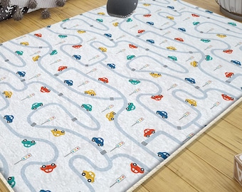 Play Mat for Kids - City Road Traffic Rug, Anti-Slip Toddler Nursery Carpet, Washable Playroom Mat with Pillowcase Gift