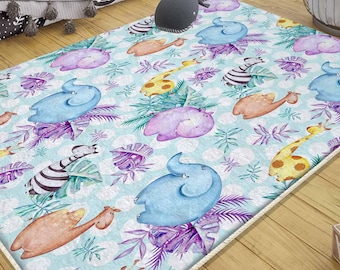 Safari Animal Nursery Rug with Pillow Case Gift, Cute Baby Shower Decor, Kids Room Carpet, Perfect Baby Gift & Play Mat