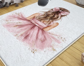 Ballerina Girl Nursery Rug|Rectangle Pink Princess Baby Room Rug|Bestselling Washable Rugs|Anti-Slip Girls Room Rugs|Soft Kid's Carpets