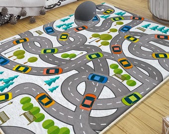 Play Mat City Road Kids Play Mat with Car Traffic Design, Anti-Slip Toddler Rug, Washable Nursery Rug + Pillowcase Gift