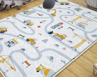 Construction Vehicles Kids Rug with Crane Bulldozer Excavator Playmat Nursery Carpet for Boys Room Decor & Pillowcase Gift