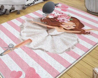 Pink White Ballerina Girl Nursery Rug with Heart, Cute Kids Room Decor & Baby Gift with Pillowcase, gifts for kids, nursery decor