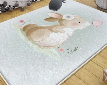 Rabbit Bunny Kids Nursery Rug with Pillow Case – Cute Animal Baby Shower Gift, Soft Kids Room Decor Carpet for Toddler Playroom