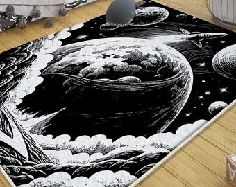 Black White Galaxy Space Rug for Kids Nursery, Washable Non-Slip Planet Moon Room Decor with Pillowcase Gift, gifts for kids, nursery decor