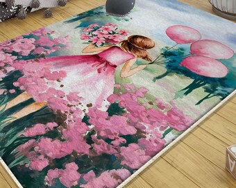 Pink Girls Floral Woodland Rug with Pillowcase Gift - Cute Kids Room Decor, Soft Area Rug for Girl's Bedroom or Playroom