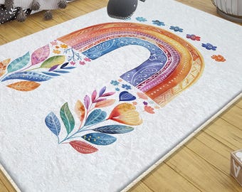 Rainbow Floral Nursery Rug with Pillow Case, Cute Girl's Kids Room Decor & Gift, Soft Colorful Flower Rug for Girls' Bedrooms