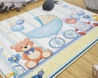 Blue Bear and Lamb Nursery Rug with Pillowcase, Cute Kids Room Decor, Baby Shower Gift for Boys, Soft Animal Rug for Toddler Bedroom Carpet