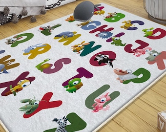 Alphabet Letters Animal Nursery Rug with Pillow Case – Cute Educational Kids Room Decor & Gift for Baby Toddler