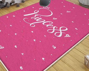 Pink Princess Rug for Kids Room, Cute Nursery & Playground Rug with Pillowcase Gift, Soft Baby Play Mat, Toddler Room Decor