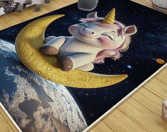 Moon Star Unicorn Kids Rug with Pillowcase Gift, Cute Nursery & Playroom Decor, Soft Baby Floor Mat for Child’s Room